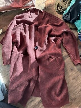 Free People Long Open-Front Cardigan in Brick Red